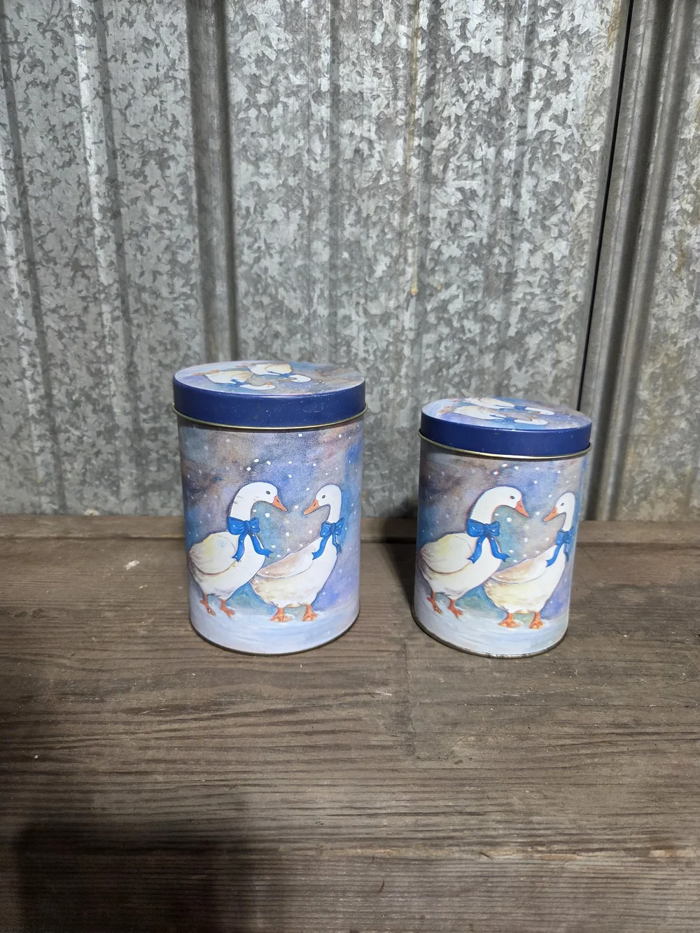 Set of 2 Decorative Goose Tin Canisters - Blue Accents